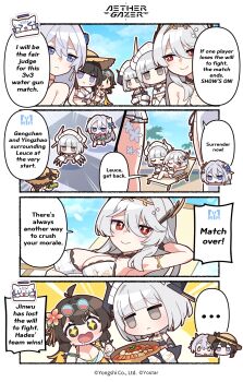 ... 6+girls absurdres aether_gazer arm_behind_head beach_chair bikini black_bow black_hair blue_eyes blue_flower bow breasts character_request chibi closed_mouth copyright_name copyright_notice donmin_h english_text eyewear_on_head flower food grey_eyes grey_hair hair_between_eyes hair_flower hair_ornament hat hat_bow highres holding holding_water_gun maid_headdress multiple_girls navel one_eye_closed palm_tree red_eyes sky sparkling_eyes speech_bubble spoken_ellipsis sun_hat sweat swimsuit tree water_gun white_bikini yellow_eyes