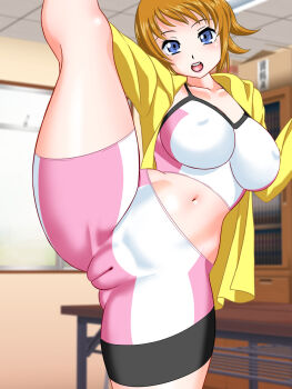 1girl bike_shorts blue_eyes blurry blush bookshelf breasts brown_hair cameltoe covered_erect_nipples cowboy_shot depth_of_field flexible gluteal_fold gundam gundam_build_fighters gundam_build_fighters_try highres hoshino_fumina indoors large_breasts leg_up looking_at_viewer midriff navel okamoto_fujio open_mouth short_hair smile solo split sports_bra standing standing_on_one_leg standing_split striped_clothes swept_bangs