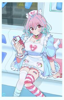 Rule 34 | 1girl, ahoge, apron, asymmetrical legwear, bandaid, bandaid on chest, bandaid on leg, blue dress, blue hair, blush, breasts, cleavage, collarbone, colored inner hair, commentary request, dress, earrings, fingernails, frilled wrist cuffs, frills, hair between eyes, hair intakes, hakasetarou (mmzv8748), hat, highres, holding, holding phone, idolmaster, idolmaster cinderella girls, jewelry, large breasts, long fingernails, looking up, multicolored hair, nurse, nurse cap, pendant choker, phone, pill earrings, pink hair, red eyes, red nails, short hair, sitting, solo, streaked hair, striped clothes, striped thighhighs, thighhighs, white apron, white thighhighs, wrist cuffs, yumemi riamu
