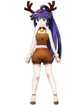 Rule 34 | 1girl, akatsuki (log horizon), animal costume, antlers, bell, blush, brown shirt, brown shorts, collar, collarbone, cosplay, crop top, embarrassed, female focus, full body, hair ornament, high ponytail, horns, log horizon, log horizon new adventure land, long hair, looking at viewer, midriff, navel, neck bell, official art, ponytail, purple eyes, purple hair, reindeer antlers, reindeer costume, rudolph the red nosed reindeer (cosplay), shirt, short shorts, shorts, sleeveless, sleeveless shirt, solo, standing, stomach, transparent background, very long hair, wavy mouth, wrist cuffs