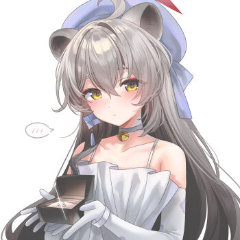 1girl absurdres ahoge animal_ears bare_shoulders bell blue_archive blush choker closed_mouth commentary dress elbow_gloves glint gloves grey_hair halo hat hayamasalt highres jewelry jingle_bell long_hair looking_at_viewer michiru_(blue_archive) michiru_(dress)_(blue_archive) neck_bell official_alternate_costume purple_hat raccoon_ears raccoon_girl raccoon_tail red_halo ring ring_box simple_background solo spoken_blush tail wedding_ring white_background white_choker white_dress white_gloves yellow_eyes