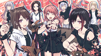 6+girls :d ;d =_= ^_^ absurdres afterimage bang_dream! bang_dream!_girls_band_party! black_hair black_jacket black_pants black_shirt black_skirt blonde_hair brown_hair closed_eyes closed_mouth collarbone collared_shirt commentary cone_hair_bun crop_top double_bun drum drum_set electric_guitar grey_eyes grey_hair grey_skirt grin guitar hair_bun hair_ears high-waist_skirt highres holding holding_microphone_stand holding_plectrum index_finger_raised instrument jacket keyboard_(instrument) kurata_mashiro long_hair looking_at_viewer maruyama_aya medium_hair microphone_stand midriff minato_yukina miniskirt mitake_ran multicolored_hair multiple_girls music navel one_eye_closed open_clothes open_jacket open_mouth pants pink_eyes pink_hair playing_instrument plectrum pointing pointing_at_viewer purple_eyes red_eyes red_hair revision shirt short_hair short_sleeves single_off_shoulder skirt sleeveless sleeveless_shirt smile streaked_hair toyama_kasumi trait_connection tsurumaki_kokoro v-shaped_eyebrows wakana_rei white_jacket white_pants yukitake_(bullfalk)