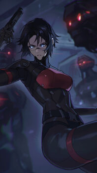 1girl absurdres android black_hair blue_eyes breasts commentary cowboy_shot elster_(signalis) english_commentary glowing glowing_eyes gun handgun highres holding holding_gun holding_weapon humanoid_robot large_breasts lewdicy parted_lips robot robot_girl serious short_hair signalis solo_focus teeth thighs weapon
