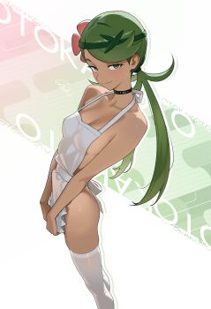 1girl absurdres apron artist_name black_choker breasts choker collarbone commentary dark-skinned_female dark_skin english_commentary flower green_eyes green_hair green_headband hair_flower hair_ornament headband highres long_hair looking_at_viewer mallow_(pokemon) naked_apron nintendo otokakoto pokemon pokemon_sm small_breasts smile solo thighhighs twintails very_long_hair white_apron white_thighhighs