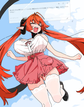 1girl absurdres alternate_costume andii_(anzai_teachco) antenna_hair black_horns black_shoes black_tail blue_sky blush bouncing_breasts breasts cleavage closed_eyes cloud commentary_request curled_horns highres horns large_breasts leg_up long_hair long_tail mechanical_horns mechanical_tail open_mouth orphie_magnusson pointy_ears red_skirt shirt shirt_tucked_in shoes skindentation skirt sky sleeveless sleeveless_shirt solo tail thighhighs twintails white_shirt white_thighhighs zenless_zone_zero