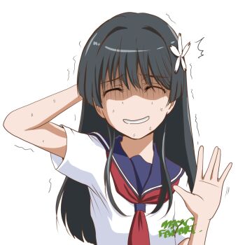 1girl arm_behind_head artist_name black_hair breasts closed_eyes hair_between_eyes hair_ornament long_hair nervous_smile nervous_sweating saten_ruiko school_uniform serafuku shaded_face small_breasts smile solo source_request sweat teeth toaru_kagaku_no_railgun toaru_majutsu_no_index trembling turn_pale wavy_hair