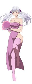 1girl absurdres black_clover breasts cleavage dakimakura_(medium) dress flower highres holding large_breasts looking_at_viewer noelle_silva purple_eyes silver_hair source_request the_amazing_gambit thick_thighs thighhighs thighs twintails white_background
