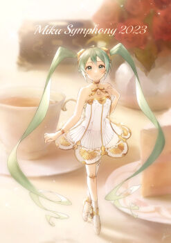 Rule 34 | 1girl, absurdres, after0217, armlet, ballerina, ballet slippers, bare shoulders, bracelet, collarbone, commentary request, cup, dress, gold armlet, gold bracelet, gramophone miku, green eyes, green hair, hair between eyes, hair ornament, hand on own chest, hatsune miku, highres, jewelry, layered dress, long hair, looking at viewer, miku symphony (vocaloid), number tattoo, official alternate costume, official alternate hairstyle, parted lips, solo, strapless, strapless dress, tattoo, teacup, twintails, very long hair, vocaloid, white dress
