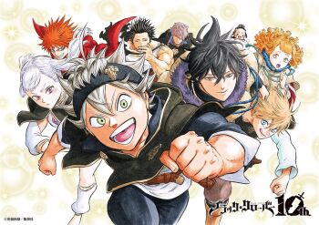 3girls 6+boys asta_(black_clover) black_capelet black_clover black_hair black_headband blue_eyes capelet charmy_pappitson commentary_request copyright_logo gauche_adlai green_eyes grey_hair headband leopold_vermillion logo long_hair looking_at_viewer luck_voltia mimosa_vermillion multiple_boys multiple_girls noelle_silva official_art open_mouth orange_hair pink_eyes shirt tabata_yuuki teeth twintails white_shirt yami_sukehiro yuno_(black_clover)