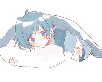 Rule 34 | 1boy, ahoge, blanket, blue eyes, blue hair, blue pajamas, blush, cardfight!! vanguard, cheek press, closed mouth, commentary request, expressionless, head on pillow, highres, holding, kuritiizu, long sleeves, looking at viewer, lying, male focus, on stomach, pajamas, pale skin, pillow, sendou aichi, short hair, simple background, single hair intake, solo, under covers, white background
