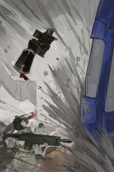 2boys absurdres adeptus_astartes astra_militarum body_armor bolt_pistol chaos_space_marine combat_helmet drop_pod gauntlets helmet highres kkghost_tv lasgun looking_up multiple_boys severed_limb warhammer_40k