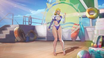 1girl absurdres alternate_color animated ass audible_speech barefoot belly blonde_hair blue_eyes breasts cleavage cleavage_cutout clothing_cutout earrings english_audio fantastic_four highleg highleg_one-piece_swimsuit highres jewelry large_breasts long_hair long_sleeves looking_at_viewer marvel marvel_rivals navel navel_cutout official_alternate_costume one-piece_swimsuit sitting solo sound standing sue_storm sue_storm_(azure_shade) sunbathing sunglasses swimsuit tagme video