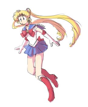 1girl back_bow bishoujo_senshi_sailor_moon blonde_hair blue_eyes blue_sailor_collar bow bowtie choker crescent crescent_earrings double_bun earrings emlirjak hair_bun hair_ornament jewelry long_hair miniskirt red_bow red_bowtie red_choker sailor_collar sailor_moon sailor_senshi_uniform skirt solo tsukino_usagi twintails very_long_hair