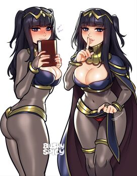 1girl ass blush blushyspicy bodystocking book breasts cape cleavage clothes_lift covered_navel curvy female_focus finger_to_mouth fire_emblem fire_emblem_awakening highres large_breasts lips long_hair looking_at_viewer nail_polish nintendo pelvic_curtain pelvic_curtain_lift solo tharja_(fire_emblem) wide_hips