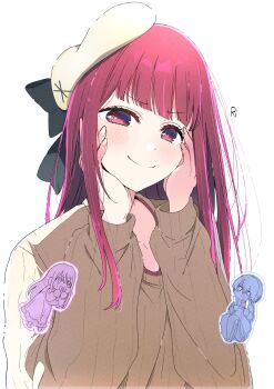 1boy 2girls alternate_hairstyle arima_kana beret blush bow chibi closed_mouth collarbone hands_on_own_face hat hat_bow highres hoshino_aquamarine kurokawa_akane long_hair long_sleeves multiple_girls oshi_no_ko red_eyes red_hair risdelusions smile solo_focus sweater upper_body white_background