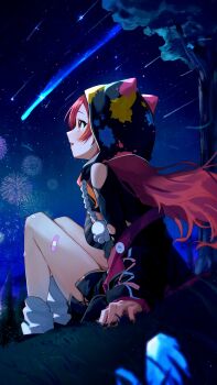 1girl absurdres animal_ear_hood animal_ears bandaid bandaid_on_knee bandaid_on_leg bare_shoulders bikini black_nails black_shrug bra breasts commentary_request fake_animal_ears fireworks grey_bikini highres hood leg_warmers long_hair looking_up medium_breasts multicolored_hair nekota_tsuna nekota_tsuna_(1st_costume) open_mouth orange_eyes orange_hair orange_streaks outdoors paint_splatter red_hair shooting_star shorts shrug_(clothing) sio_iwana sitting sky solo star_(sky) starry_sky streaked_hair striped_bra striped_clothes swimsuit thighs tree underwear virtual_youtuber vspo! white_leg_warmers