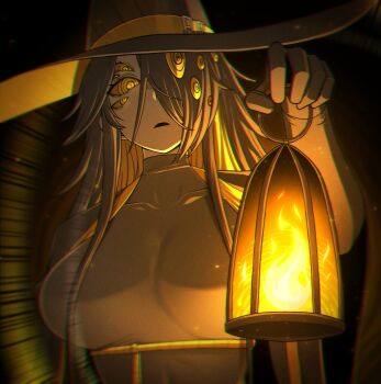1girl big_bird_(project_moon) black_background black_gloves black_hair black_hat blonde_hair breasts collarbone colored_inner_hair colored_sclera commentary_request e.g.o_(project_moon) extra_eyes fire gloves hair_over_one_eye hat highres holding holding_lantern korean_commentary lamp_(e.g.o) lantern large_breasts lobotomy_corporation long_hair long_sleeves looking_at_viewer misg1111 multicolored_hair one_eye_covered open_mouth personification project_moon ringed_eyes simple_background solo two-tone_hair yellow_eyes yellow_sclera
