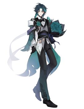 1boy ahoge alternate_costume aqua_hair beads belt black_bow black_bowtie black_corset black_gloves black_jacket black_pants black_shoes blue_flower blue_hair blue_ribbon blue_rose bouquet bow bowtie cloud_print collared_shirt commentary corset english_commentary eyeshadow facial_mark flower forehead_mark formal_clothes full_body gem genshin_impact gloves grey_vest hand_up highres holding holding_bouquet jacket jewelry lapels long_sleeves looking_afar makeup male_focus multicolored_hair open_clothes open_jacket pants parted_bangs pearl_(gemstone) purple_belt red_eyeshadow ribbon rose shirt shoes short_hair sidelocks sn_jiho solo standing suit suit_jacket teeth thigh_strap two-tone_hair vest wedding white_shirt wide_sleeves xiao_(genshin_impact) yellow_eyes