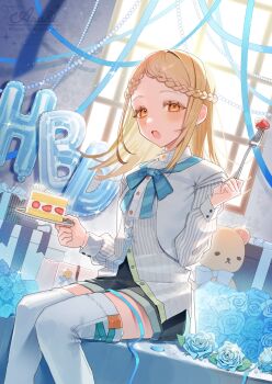 1girl balloon black_shorts blonde_hair blue_flower blue_ribbon blush bouquet box braid braided_bangs cake cake_slice collared_shirt commentary_request earrings eyelashes feet_out_of_frame flipped_hair flower food fork fruit gakuen_idolmaster gift gift_box hajime_(idolmaster) hand_up happy_birthday highres holding holding_fork holding_plate idolmaster indoors jewelry letter_balloon long_hair long_sleeves looking_at_viewer neck_ribbon open_mouth orange_eyes parted_bangs plate ribbon shine_asahi shinosawa_hiro shirt shorts sitting solo strawberry strawberry_shortcake stud_earrings stuffed_animal stuffed_toy teddy_bear thighhighs twitter_username watermark white_shirt white_thighhighs window