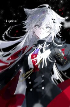 1girl animal_ears arknights black_jacket black_skirt cape character_name chinese_commentary commentary_request commission cowboy_shot daotie_0_ouyu_wuqing_1 gradient_necktie grey_eyes grey_hair hair_between_eyes hair_ornament hairclip hand_on_own_chest hand_up highres jacket lappland_(arknights) lappland_the_decadenza_(arknights) light_particles long_hair long_sleeves looking_at_viewer necktie red_cape scar scar_across_eye scar_on_face skirt smile solo two-tone_necktie wolf_ears wolf_girl