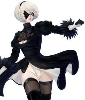 Rule 34 | 1girl, 2b (nier:automata), arm up, black dress, black gloves, blindfold, breasts, cleavage cutout, clothing cutout, commentary, covered eyes, cowboy shot, dress, facing viewer, feather-trimmed sleeves, gloves, gluteal fold, grey hair, groin, highres, juliet sleeves, leotard, leotard under clothes, long sleeves, medium breasts, mitsuki nite, mole, mole under mouth, nier:automata, nier (series), parted lips, puffy sleeves, short hair, side slit, simple background, solo, standing, sword, twitter username, virtuous treaty, weapon, white background, white leotard