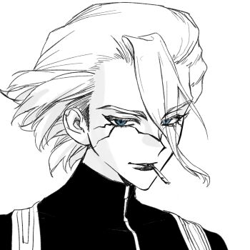 Rule 34 | 1boy, atuo517, bishounen, black bodysuit, blue eyes, bodysuit, cigarette, commentary request, cracked skin, dr. stone, eyes visible through hair, facial mark, greyscale, hair between eyes, highres, looking at viewer, makeup, male focus, monochrome, portrait, short hair, simple background, smile, smirk, smoking, smoking pipe, solo, spot color, stanley snyder (dr.stone), white background