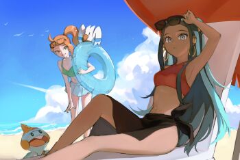 2girls armpits beach beach_chair bikini black_hair blue_eyes blue_hair blue_sky chewtle cloud dark-skinned_female dark_skin gen_3_pokemon gen_8_pokemon glasses green_eyes highres hisada_mikan long_hair multiple_girls nessa_(pokemon) nintendo ocean orange_hair pokemon pokemon:_twilight_wings pokemon_swsh ponytail sand sitting skirt sky sleeveless sonia_(pokemon) sunglasses swimsuit water wingull