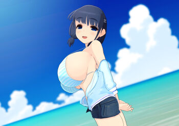 1girl 3d bare_legs bare_shoulders beach bikini blue_eyes blue_hair blue_sky blush breasts colorized custom_maid_3d_2 custom_order_maid_3d_2 highres jacket large_breasts marufe noa_(marufe) open_clothes open_jacket open_mouth oppai_loli profile shorts sideboob sky solo standing swimsuit tagme