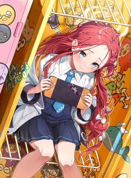 absurdres black_skirt blue_archive blue_eyes blue_necktie bow braid check_commentary closed_mouth collared_shirt commentary commentary_request dutch_angle feet_out_of_frame film_grain hair_bow handheld_game_console high-waist_skirt highres holding holding_handheld_game_console in_locker indoors jacket jacket_partially_removed kabu_(niniko2ko) long_hair long_sleeves medium_skirt messy_hair necktie nintendo_switch open_clothes open_jacket parted_bangs pleated_skirt red_hair shirt sitting skirt white_bow white_jacket white_shirt wide_sleeves yuzu_(blue_archive)