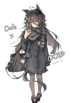 Rule 34 | 1girl, ahoge, alternate costume, animal ears, bag, black bag, black bow, black coat, black hair, black pantyhose, black scarf, black shoes, blonde hair, bow, braid, buttons, camera flash, cellphone, coat, commentary, doktahzaki, ear bow, earrings, english text, full body, hair between eyes, highres, holding, holding phone, horse ears, horse girl, horse tail, jewelry, long bangs, long hair, long sleeves, looking at viewer, manhattan cafe (umamusume), mary janes, pantyhose, phone, photo-referenced, plaid clothes, plaid scarf, scarf, shoes, shoulder bag, side braid, simple background, single braid, single earring, smartphone, solo, standing, symbol-only commentary, tail, taking picture, umamusume, white background