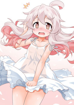 1girl ^^^ ahoge akou_roushi blush brown_eyes clothes_lift cowboy_shot dress dress_lift dress_tug frown genderswap genderswap_(mtf) grey_hair hand_on_own_head long_hair looking_at_viewer onii-chan_wa_oshimai! open_mouth oyama_mahiro pink_hair short_dress solo spaghetti_strap standing sundress sweatdrop wind wind_lift