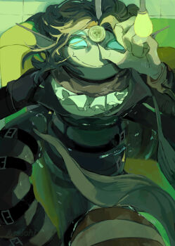 1boy accessories anglerfish_boy asaichi ascot bandolier bathtub belt belt_buckle black_background black_hair black_jacket blue_scales blue_sclera blue_skin blush buckle cetacean_tail claws closed_mouth coin colored_sclera colored_skin extra_arms extra_eyes fang fingernails fins fish fish_tail green_theme grey_scarf hand_up head_fins highres holding holding_coin in_bathtub jacket long_sleeves looking_at_viewer looking_up merman monster_boy multiple_belts open_clothes open_jacket parted_bangs partially_submerged pressure_(roblox) roblox scarf sebastian_solace sharp_fingernails shirt short_hair skin_fang solo tail third_eye tub water white_ascot white_shirt