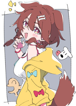 1girl :d animal_ears bone_hair_ornament braid breasts brown_eyes brown_hair cartoon_bone commentary dog_ears dog_tail futo-inu grey_background hair_ornament hololive inugami_korone inugami_korone_(1st_costume) ixy jacket listener_(inugami_korone) looking_at_viewer medium_breasts open_mouth smile solo symbol-only_commentary tail twin_braids two-tone_background virtual_youtuber white_background yellow_jacket