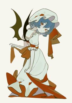 1girl bat_wings closed_mouth clothes_pull collar collared_dress dee_(tannsumi) dress dress_tug frilled_collar frilled_hat frilled_sleeves frills frown hair_between_eyes hat hat_ribbon head_tilt highres looking_at_viewer mob_cap puffy_short_sleeves puffy_sleeves purple_hair red_eyes red_ribbon remilia_scarlet ribbon short_hair short_sleeves simple_background solo touhou two-sided_dress two-sided_fabric waist_ribbon white_background white_dress white_hat wings