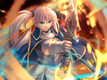 1boy ahoge androgynous armor blue_cape borrowed_weapon breastplate cape cloak commentary_request commission commissioner_upload cowboy_shot fate_(series) fire flaming_sword flaming_weapon gauntlets green_eyes hair_tie holding holding_sword holding_weapon noble_phantasm_(fate) original pauldrons pelvic_curtain serious shoori_(migiha) shoulder_armor side_ponytail single_sidelock skeb_commission slit_pupils solo standing sword trap two-handed v-shaped_eyebrows weapon white_hair