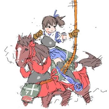 Rule 34 | 1girl, bad id, bad twitter id, barding, black thighhighs, blue skirt, blush stickers, bow (weapon), brown gloves, brown hair, closed mouth, frown, full body, gloves, holding, holding bow (weapon), holding weapon, horse, horseback archery, horseback riding, japanese clothes, jibakurei (elite unchi), kaga (kancolle), kantai collection, kimono, looking to the side, lowres, motion lines, muneate, partially fingerless gloves, partly fingerless gloves, riding, short hair, short kimono, short sleeves, side ponytail, simple background, skirt, solo, thighhighs, weapon, white background, white kimono, yugake, yumi (bow)