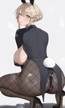 1girl absurdres ade_(agent_bunny)_(nikke) ade_(nikke) anal anal_object_insertion animal_ears areola_slip ass black_hairband black_jacket black_leotard black_shoes blush breasts brown_hair butt_plug buttplug_visible_through_clothing coattails commentary_request dark_areolae fake_animal_ears fake_tail fishnet_pantyhose fishnets foot_out_of_frame from_behind goddess_of_victory:_nikke green_eyes grey_background grey_pantyhose hair_between_eyes hair_bun hairband heavy_breathing high_heels highleg highleg_leotard highres jacket large_breasts leotard light_smile long_sleeves looking_at_viewer looking_back object_insertion official_alternate_costume paid_reward_available pantyhose parted_lips playboy_bunny pumi_puru pumps rabbit_ears rabbit_tail sex_toy shadow shoe_soles shoes short_hair sidelocks simple_background single_hair_bun solo squatting strapless strapless_leotard tail tiptoes