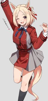 1girl animal_ears arm_up belt black_socks blonde_hair blush commentary_request cosplay dress grey_background grey_dress hair_ribbon highres horse_ears horse_girl horse_tail long_sleeves looking_at_viewer lycoris_recoil lycoris_uniform narita_top_road_(umamusume) nishikigi_chisato nishikigi_chisato_(cosplay) open_mouth pleated_dress purple_eyes red_belt red_dress red_ribbon ribbon seiji_(artman) simple_background smile socks solo standing standing_on_one_leg tail translation_request two-tone_dress umamusume