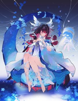 1girl barefoot black_hair closed_eyes closed_mouth columbina_(genshin_impact) commentary crescent_moon dress emmikn english_commentary eye_mask feathered_wings genshin_impact hair_ornament head_wings highres invisible_chair long_hair mask moon multicolored_hair multiple_wings purple_hair see-through_clothes see-through_mask sitting smile solo white_dress white_mask white_wings wing_hair_ornament wings wrist_bow x-shaped_eyewear