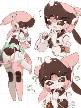 Rule 34 | 1girl, ?, @ @, aria (zenless zone zero), black sclera, bow, colored sclera, commentary request, finger to own chin, from behind, green bow, green eyes, grid background, hands up, headgear, highres, humanoid robot, joints, metal hair, multiple views, open mouth, pink hair, robot, robot girl, robot joints, simple background, siomimi, symbol-shaped pupils, zenless zone zero