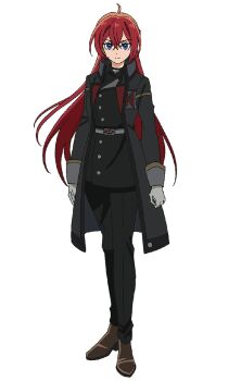 Rule 34 | 1girl, ahoge, black coat, black jacket, black pants, blue eyes, brown shoes, coat, fiona rubin bornemisza, full body, gloves, grey gloves, highres, jacket, long hair, looking at viewer, mizuzokusei no mahoutsukai, official art, open clothes, open coat, pants, red hair, shoes, simple background, transparent background