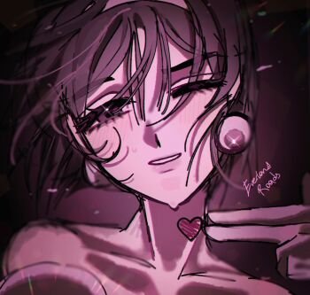 1girl alien_stage bare_shoulders black_hair collarbone commentary earrings finger_gun hashtag-only_commentary highres jewelry one_eye_closed pirasa_(everlandroads) portrait short_hair signature smile solo sua_(alien_stage) sweat