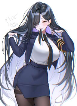 1girl absurdres black_hair black_necktie black_pantyhose blue_jacket blue_skirt breasts character_request chromatic_aberration clothes_in_mouth collared_shirt colored_inner_hair copyright_request cowboy_shot english_text eyes_visible_through_hair hair_over_one_eye hands_up haze_(7h4ze) highres jacket large_breasts long_bangs long_hair long_sleeves looking_at_viewer multicolored_hair necktie open_clothes open_jacket pantyhose parted_bangs parted_lips pencil_skirt second-party_source shirt shirt_tucked_in skirt smile solo standing thank_you very_long_hair white_shirt wing_collar yellow_eyes