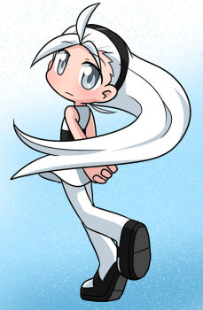 1girl arms_behind_back bell_(ppgd) black_shoes blue_background coffgirl commentary dress dress_shoes english_commentary from_behind grey_eyes hairband highres leg_up long_hair looking_at_viewer own_hands_together pantyhose powerpuff_girls powerpuff_girls_doujinshi shoes simple_background very_long_hair white_dress white_hair white_pantyhose