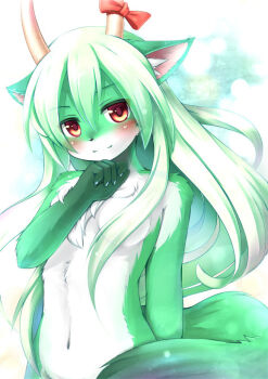 Rule 34 | 1girl, animal ears, blush, blush stickers, bow, breasts, clenched hand, creature, ex-keine, fang, female focus, furrification, furry, furry female, horn bow, horn ornament, horns, hug, jpeg artifacts, kagerofu, kamishirasawa keine, light smile, long hair, looking at viewer, multicolored hair, navel, nude, open mouth, red eyes, ribbon, shadow, small breasts, solo, sukusuku hakutaku, tail, touhou