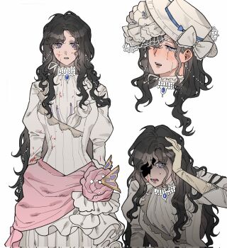 Rule 34 | 1girl, black hair, blood, blood on clothes, blood on face, bow, commentary request, crying, dress, gloves, hair over one eye, hand on own head, hat, hat bow, highres, isolde (reverse:1999), juliet sleeves, korean commentary, long hair, long sleeves, looking at viewer, mulkkachi, multiple views, one eye covered, open mouth, parted lips, puffy sleeves, purple eyes, reverse:1999, tears, upper body, veil, white background, white bow, white dress, white hat, white veil, yellow gloves