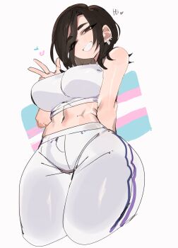 1girl :d aria_(roresu) arm_behind_back bare_arms bare_shoulders breasts brown_eyes brown_hair commentary commission crop_top cropped_legs cropped_shirt double_vertical_stripe ear_piercing from_below grin hair_over_one_eye hand_up heart highres large_breasts looking_at_viewer medium_hair midriff navel one_eye_covered open_mouth original pants piercing shirt simple_background sleeveless sleeveless_shirt smile solo standing thick_thighs thighs transgender_flag usa37107692 w white_background white_pants white_shirt