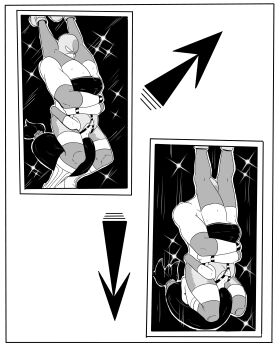 1990s_(style) 1boy 1girl absurdres bare_shoulders black_hair comic fighting final_fantasy final_fantasy_vii fingerless_gloves ghost13 gloves greyscale highres long_hair monochrome motion_lines muscular retro_artstyle ryona sequential smile sweat thick_thighs thighhighs thighs tifa_lockhart upside-down wrestler wrestling wrestling_outfit