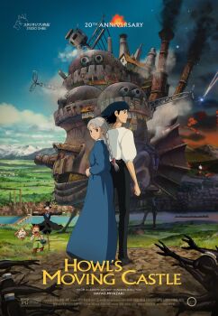 artist_request blue_bow blue_dress bow braid braided_ponytail calcifer child cloud cloudy_sky dog dress grass hat heen highres howl_no_ugoku_shiro howl_pendragon kakashi_no_kabu markl mountain official_art orange_bow sky sophie_hatter_(howl_no_ugoku_shiro) studio_ghibli totoro