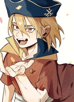 0a_9_(pixiv82791714) 1boy blonde_hair confetti dr._stone fangs hair_between_eyes hashtag-only_commentary hat looking_at_viewer male_focus nanami_ryuusui open_mouth pirate pirate_hat red_eyes short_hair smile solo upper_body white_background